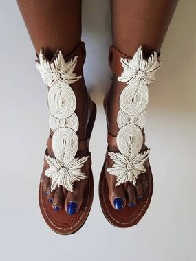New Handmade leather Beaded Women's Brown African gladiator Strappy Sandals